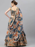 Blue & Peach-Coloured Embellished Sequinned Semi-Stitched Myntra Lehenga & Unstitched Blouse