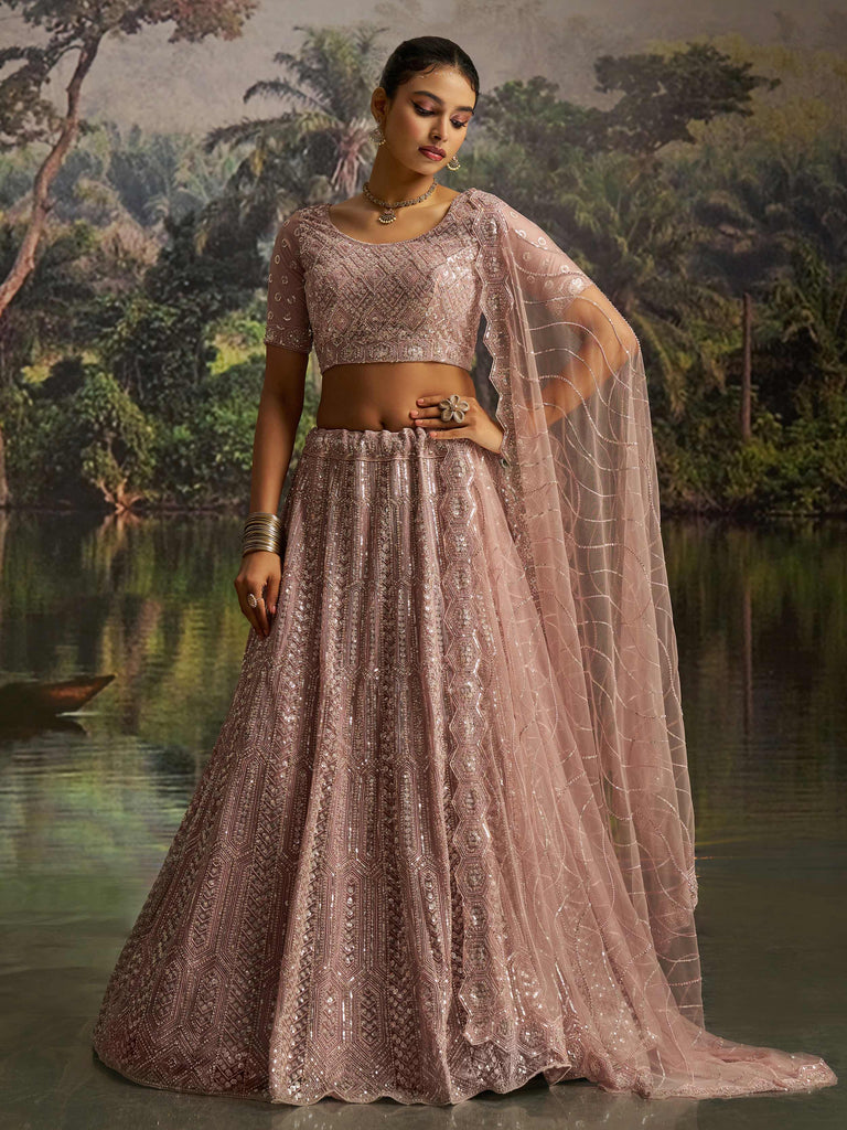 Desirable Mauve Net Embroidered Party Wear Lehenga Choli With Dupatta