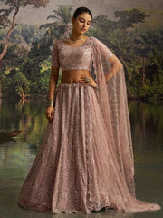 Desirable Mauve Net Embroidered Party Wear Lehenga Choli With Dupatta