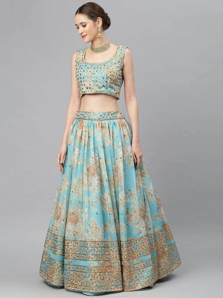 Blue & Peach-Coloured Embellished Sequinned Myntra Lehenga & Unstitched Blouse