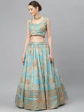 Blue & Peach-Coloured Embellished Sequinned Myntra Lehenga & Unstitched Blouse