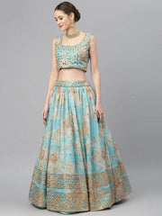 Blue & Peach-Coloured Embellished Sequinned Myntra Lehenga & Unstitched Blouse