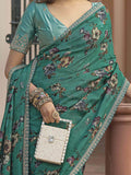 Marvelous Green Floral Printed Silk Saree With Blouse