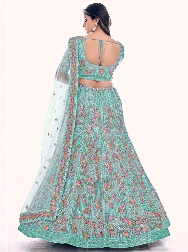 Beautiful Sea Green Embroidered Soft Net Lehenga Choli