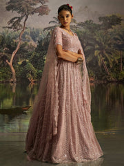 Desirable Mauve Net Embroidered Party Wear Lehenga Choli With Dupatta