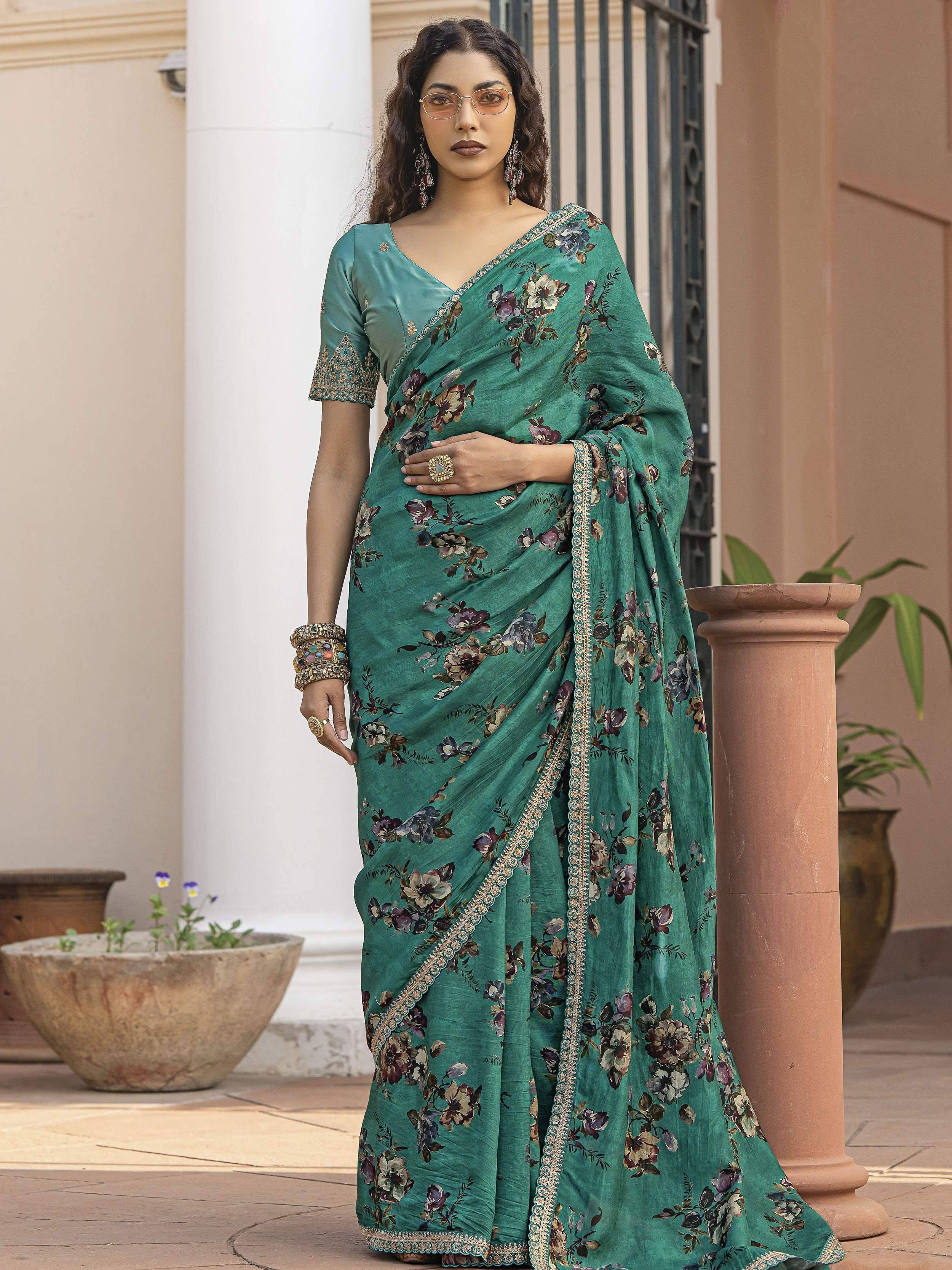 Teal floral saree with gold border, ethnic Indian wear for women