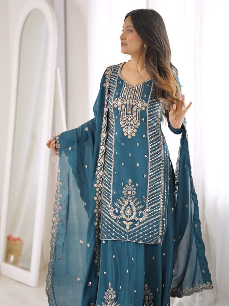 Charming Teal Blue Bead Work Chinon Wedding Wear Palazzo Suit