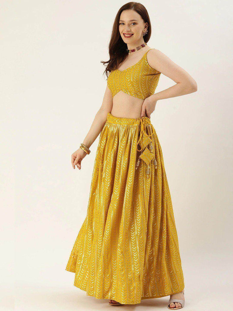 Mustard & Gold-Toned Embellished Sequinned Semi-Stitched Myntra Lehenga & Unstitched Blouse