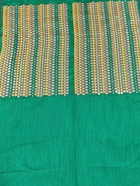 Green ethnic saree with yellow and silver geometric border, perfect for Indian occasions