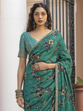 Marvelous Green Floral Printed Silk Saree With Blouse