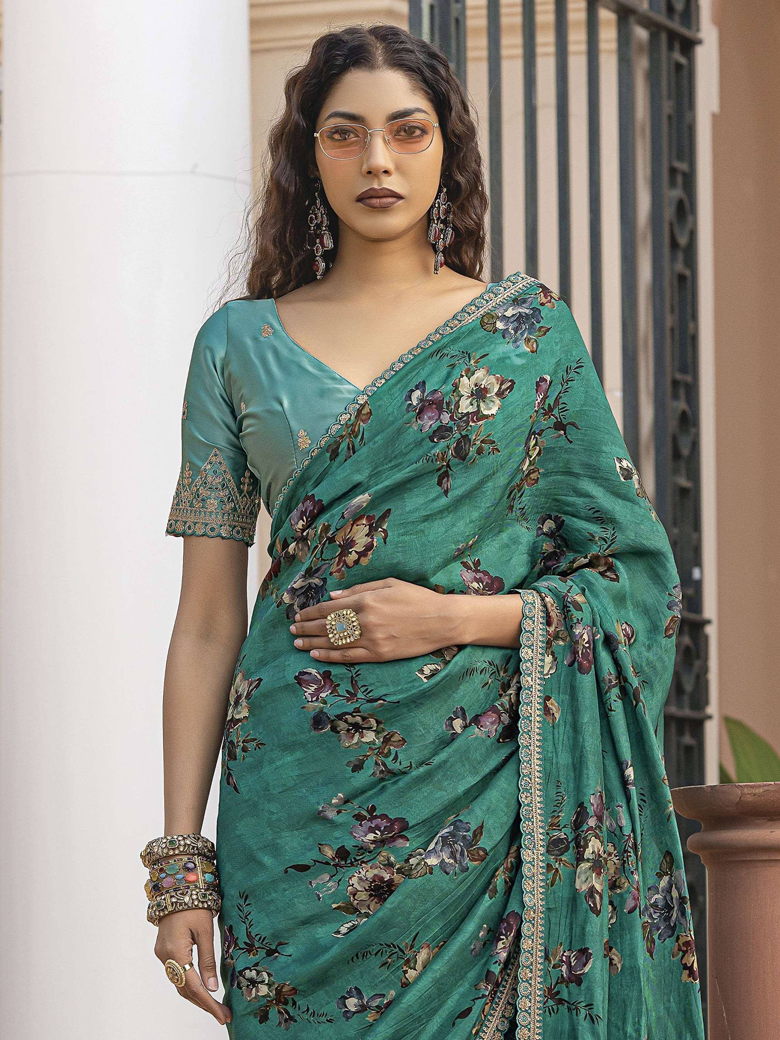 Teal floral printed saree with gold embroidery, perfect for Indian ethnic wear occasions