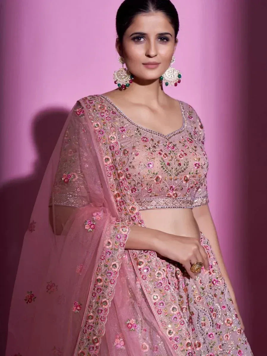 Pink floral embroidered lehenga choli with matching dupatta, perfect for Indian ethnic occasions