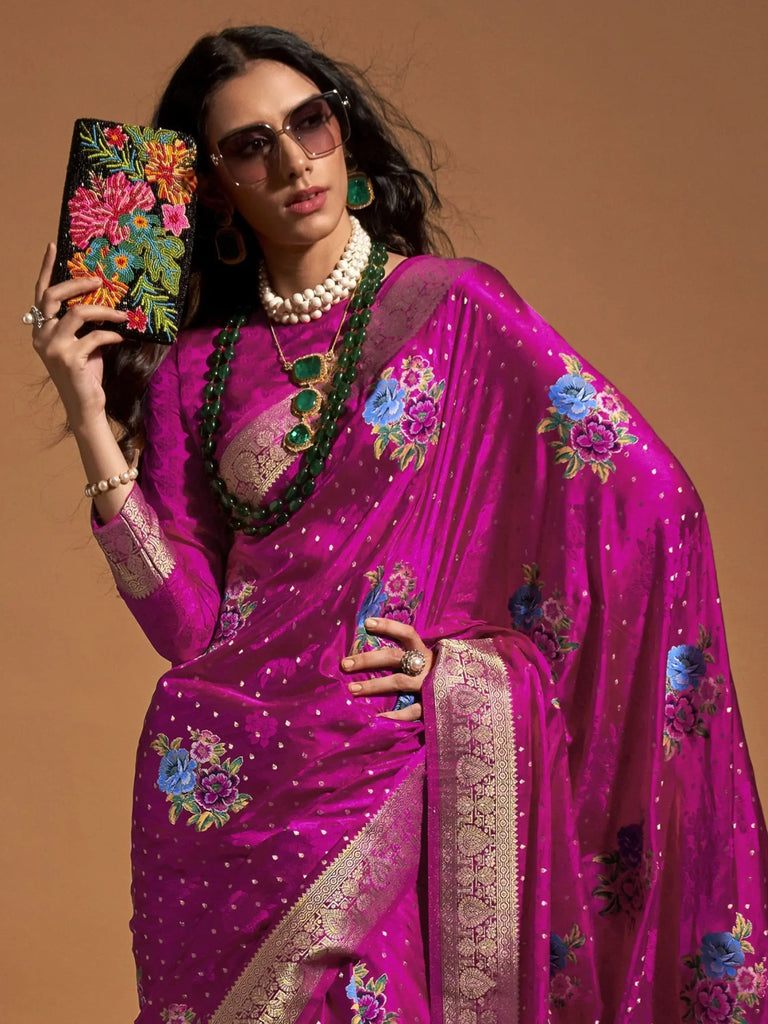 Lovely Rani Pink Floral Weaving Satin Function Wear Saree With Blouse