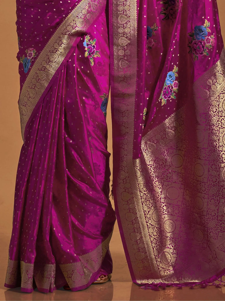 Lovely Rani Pink Floral Weaving Satin Function Wear Saree With Blouse