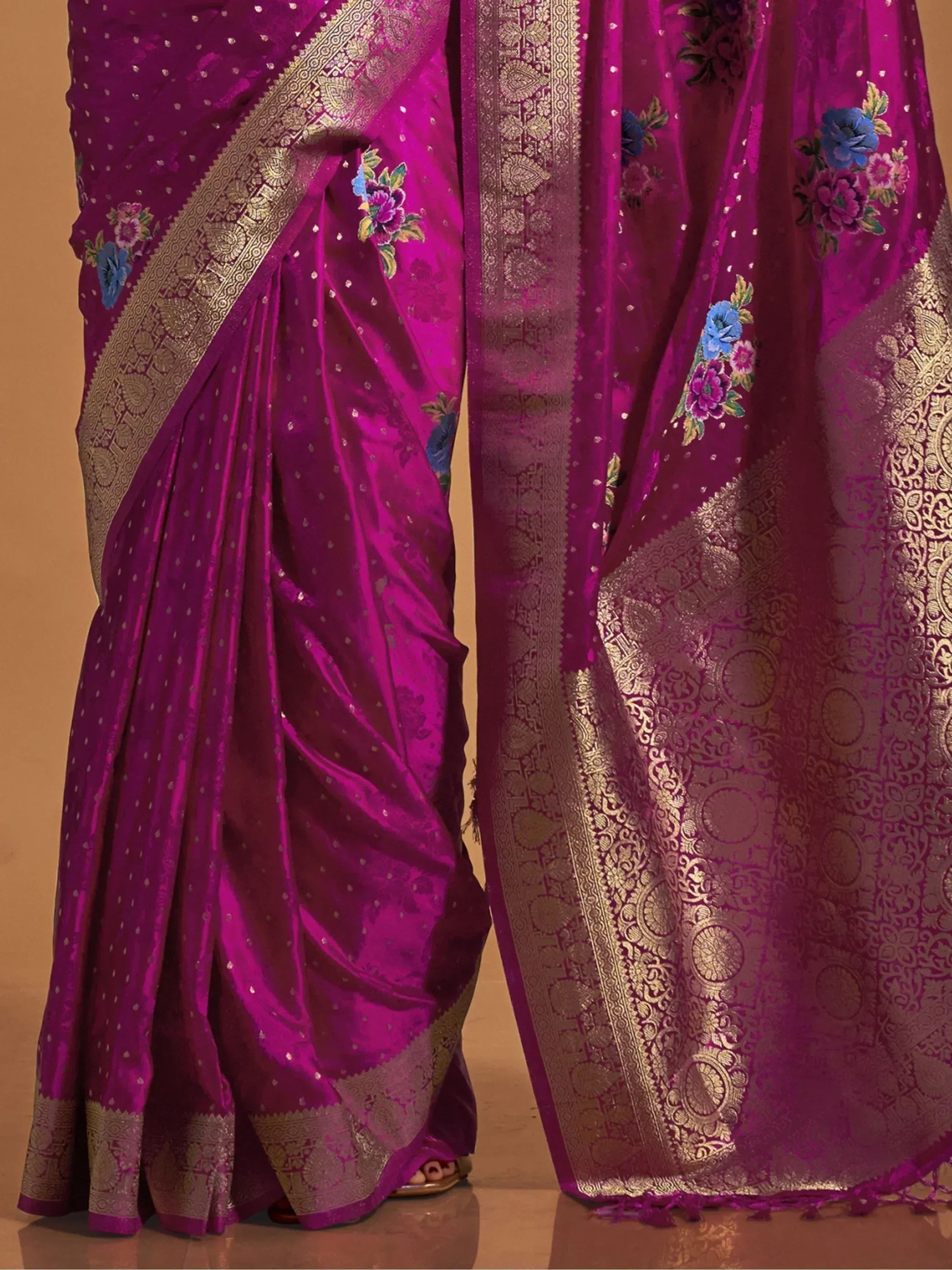 Purple Indian saree with gold zari border and floral embroidery, ethnic wear for women
