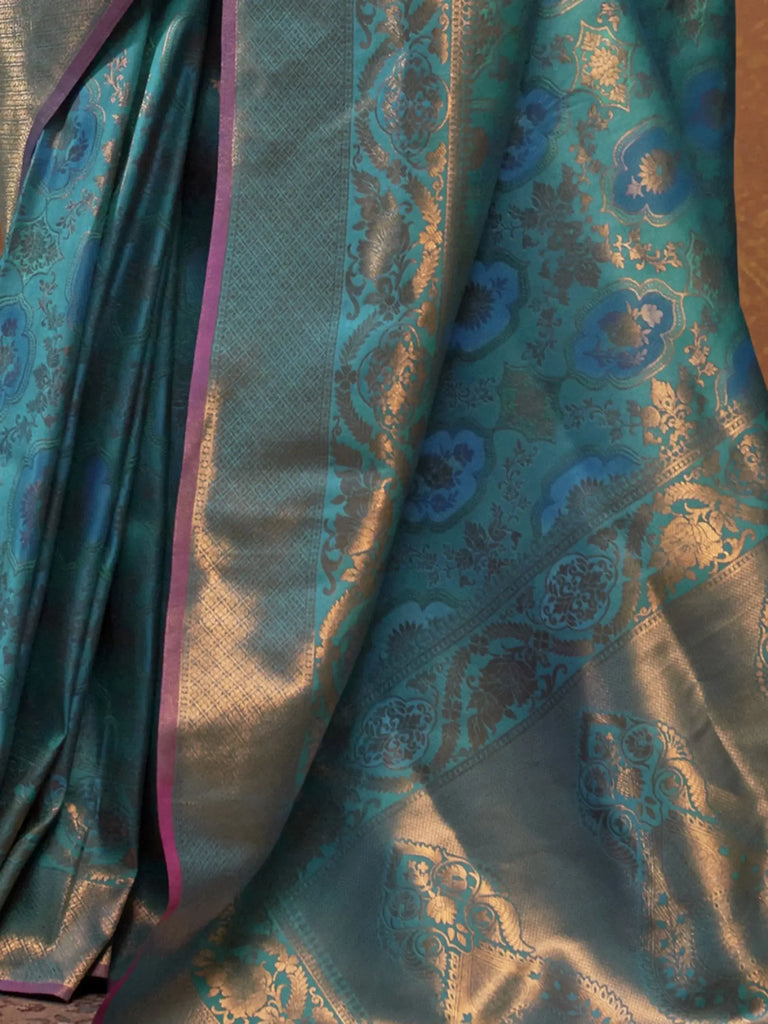 Startling Teal Blue Handloom Weaving Silk Event Wear Saree With Blouse