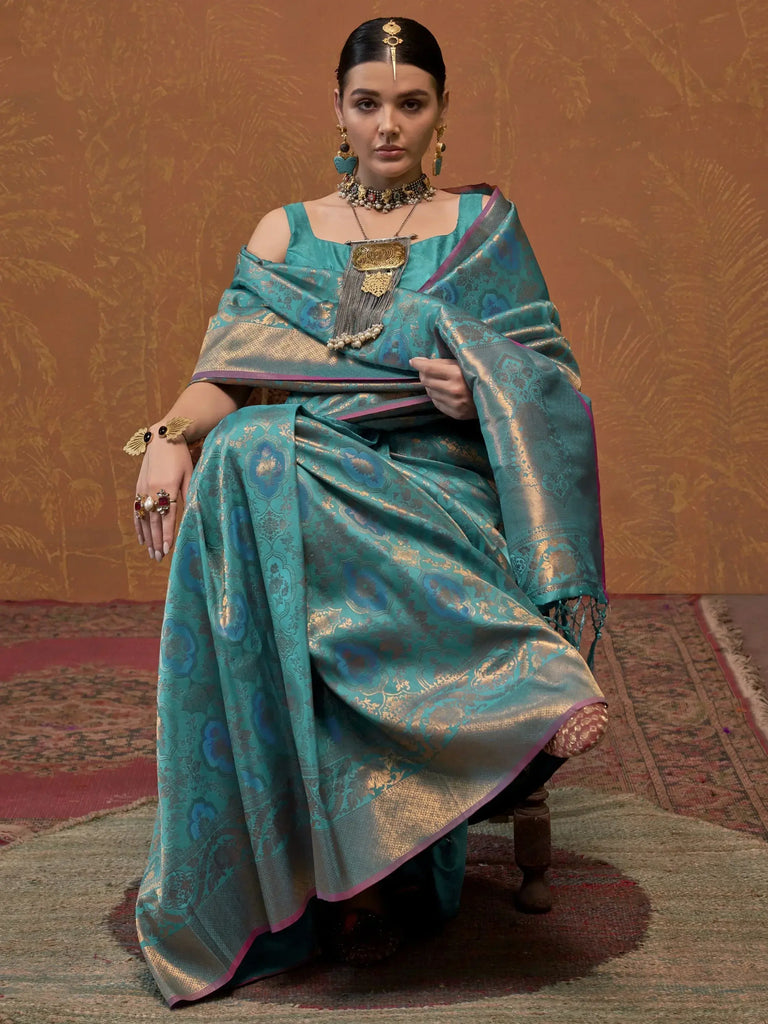Startling Teal Blue Handloom Weaving Silk Event Wear Saree With Blouse