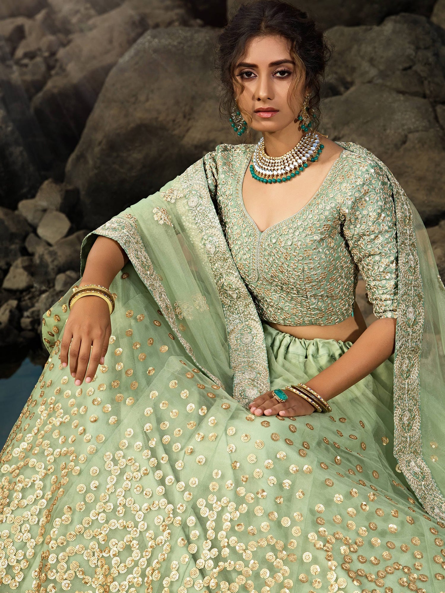Adorable Green Sequins Net Function Wear Plus Size Lehenga Choli