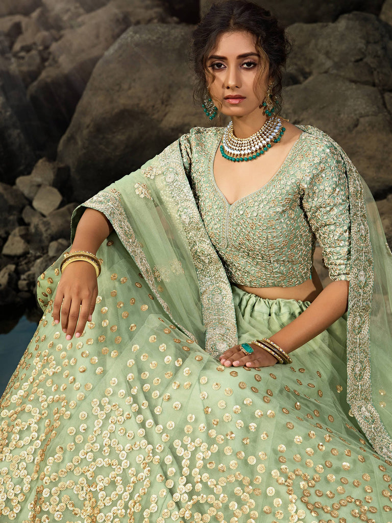 Adorable Green Sequins Net Function Wear Plus Size Lehenga Choli