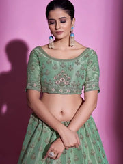 Stunning Pista-Green Thread Embroidered Gota Silk Lehenga Choli
