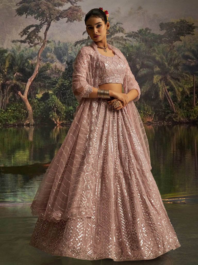 Desirable Mauve Net Embroidered Party Wear Lehenga Choli With Dupatta