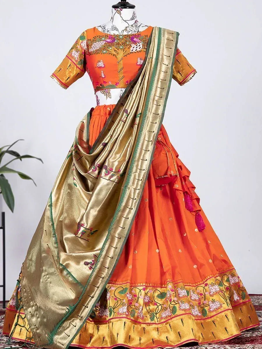 Orange embroidered lehenga choli with gold dupatta, Indian ethnic wear for women