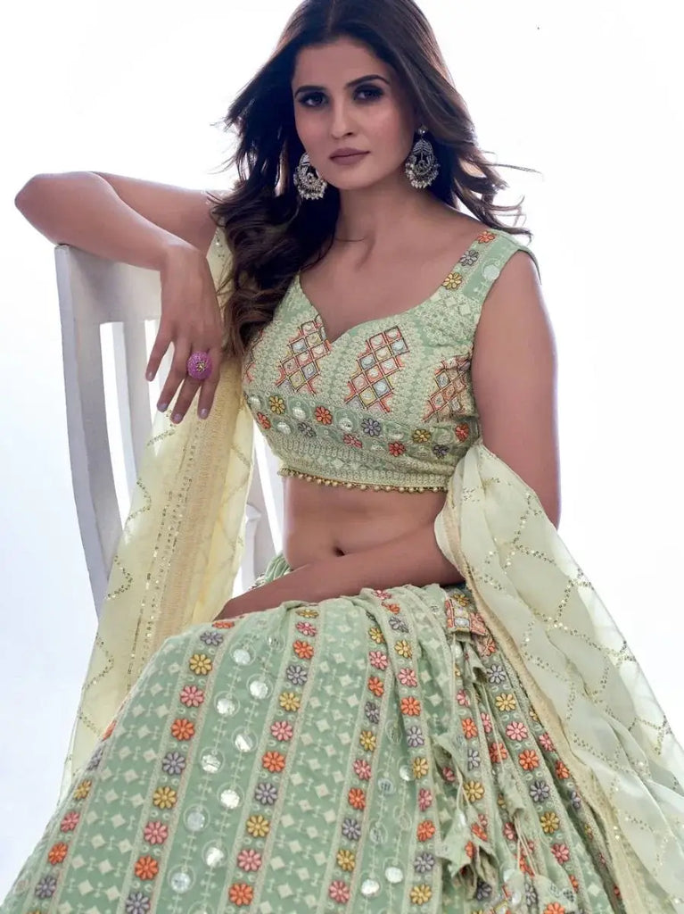 Pretty Light-Green Thread Embroidered Georgette Lehenga Choli