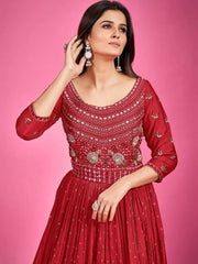 Marvelous Red Mirror Work Silk Gown With Dupatta