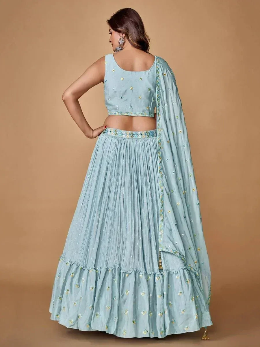 Light blue embroidered lehenga choli with dupatta, perfect for Indian ethnic occasions and weddings.