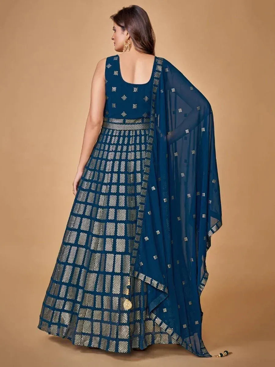 Blue designer lehenga choli with gold geometric print and sheer dupatta, ethnic wear for women