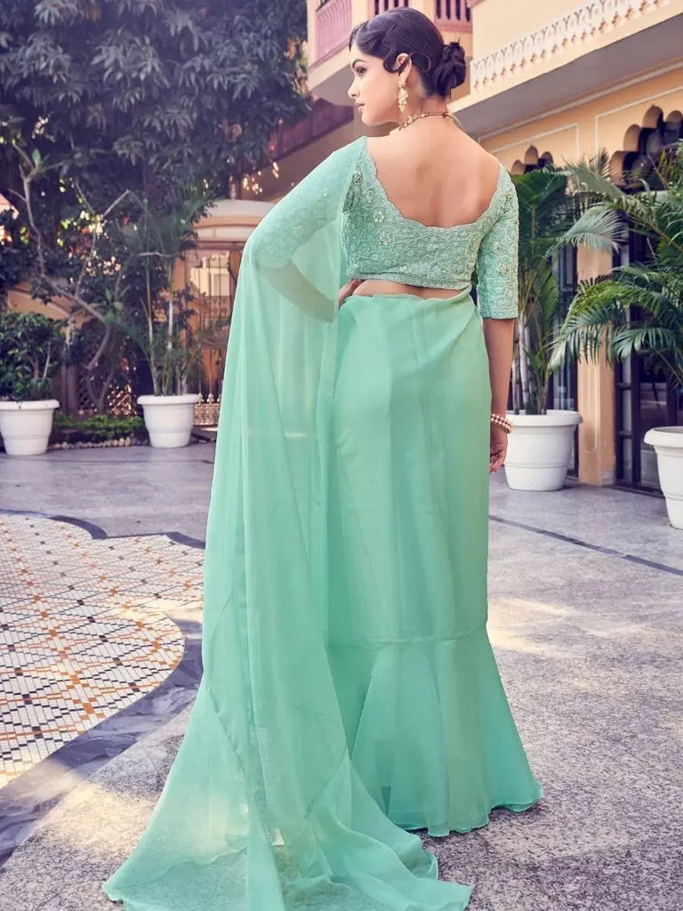 Classy Sea-green Sequins Organza Party Wear Ruffle Saree With Blouse