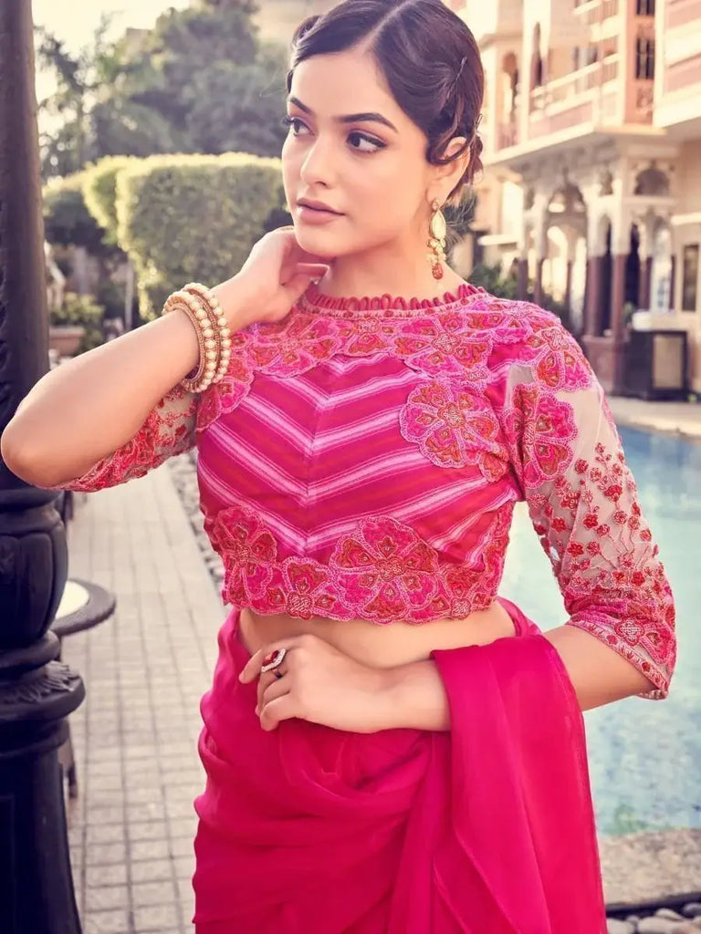 Ravishing Pink Sequins Orangza Party Wear Ruffle Saree With Blouse