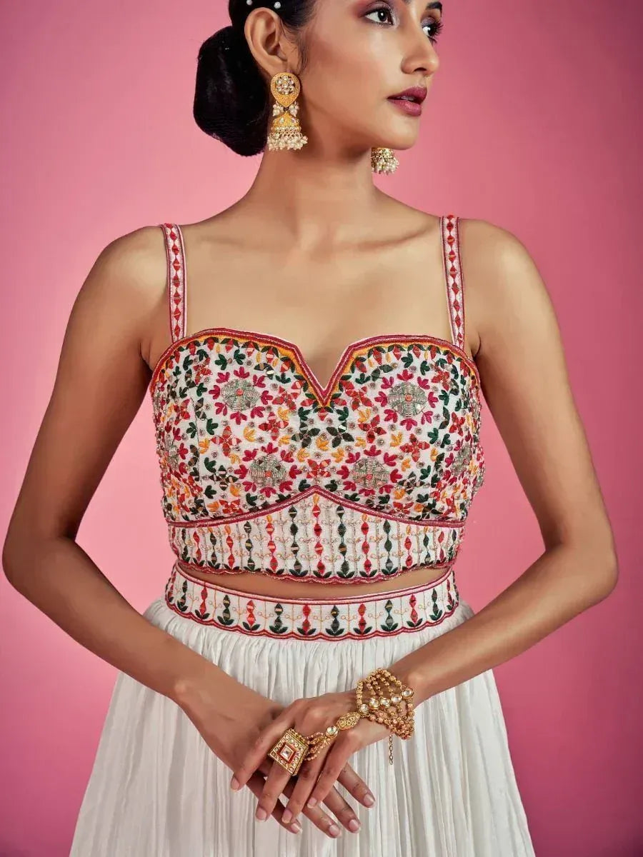 Floral embroidered crop top with white skirt, Indian ethnic wear, designer lehenga choli set