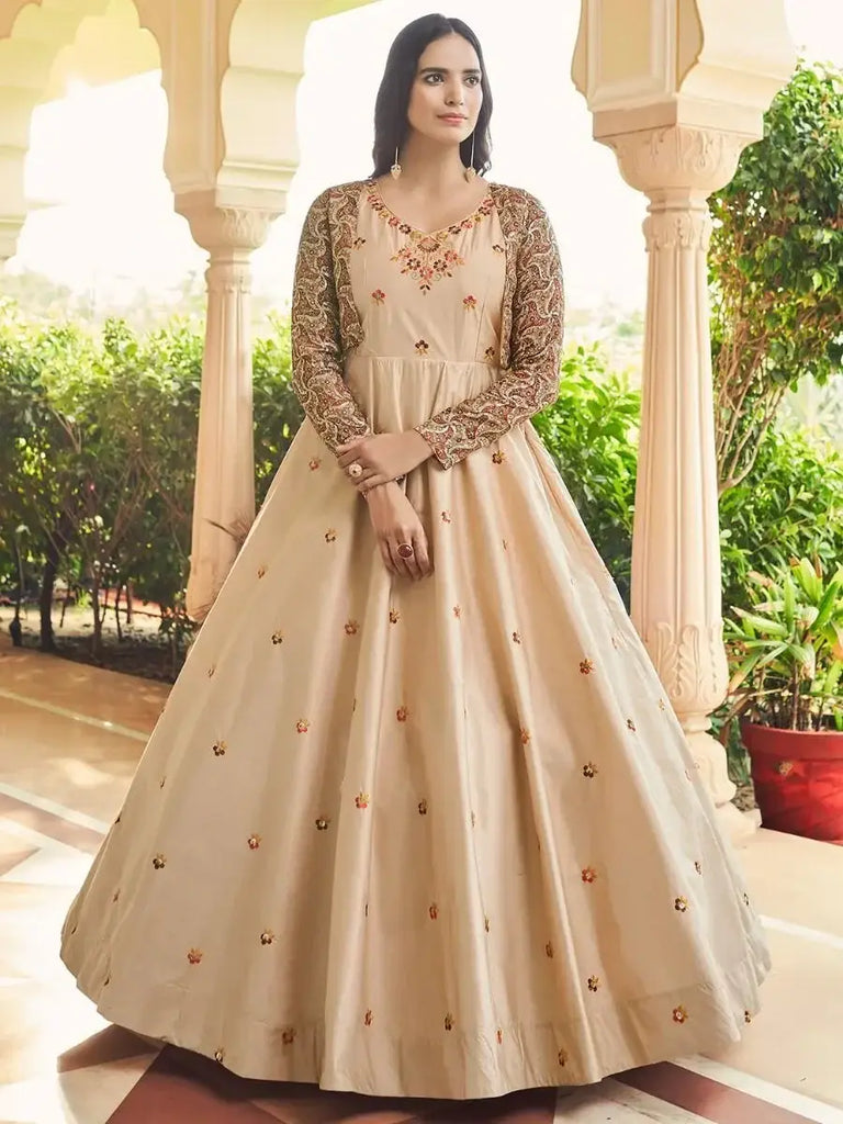 Mind-Blowing Beige Sequins Work Cotton Gown With Jacket