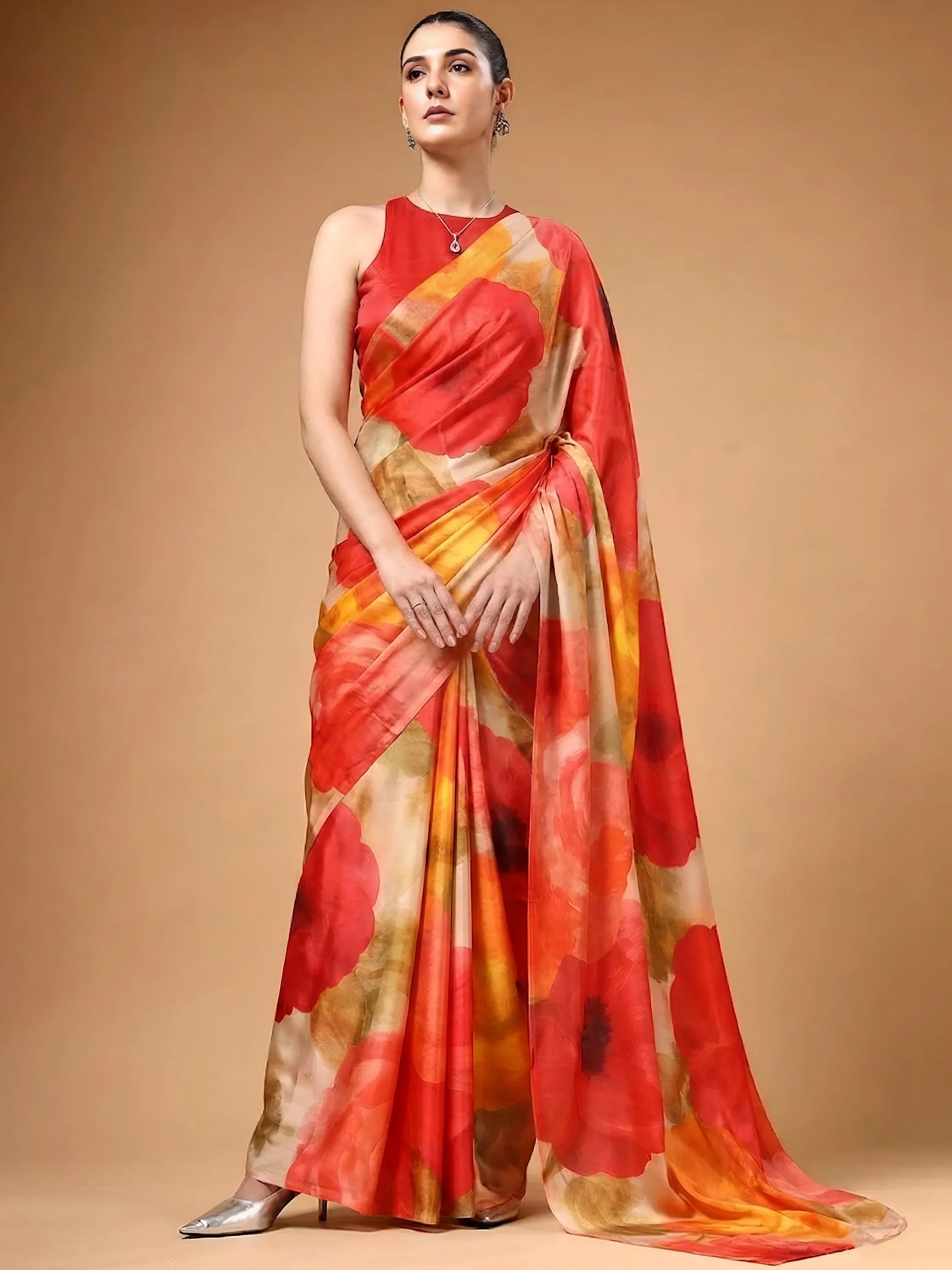 Captivating Multi Color Floral Printed Satin Event Wear Saree With Blouse