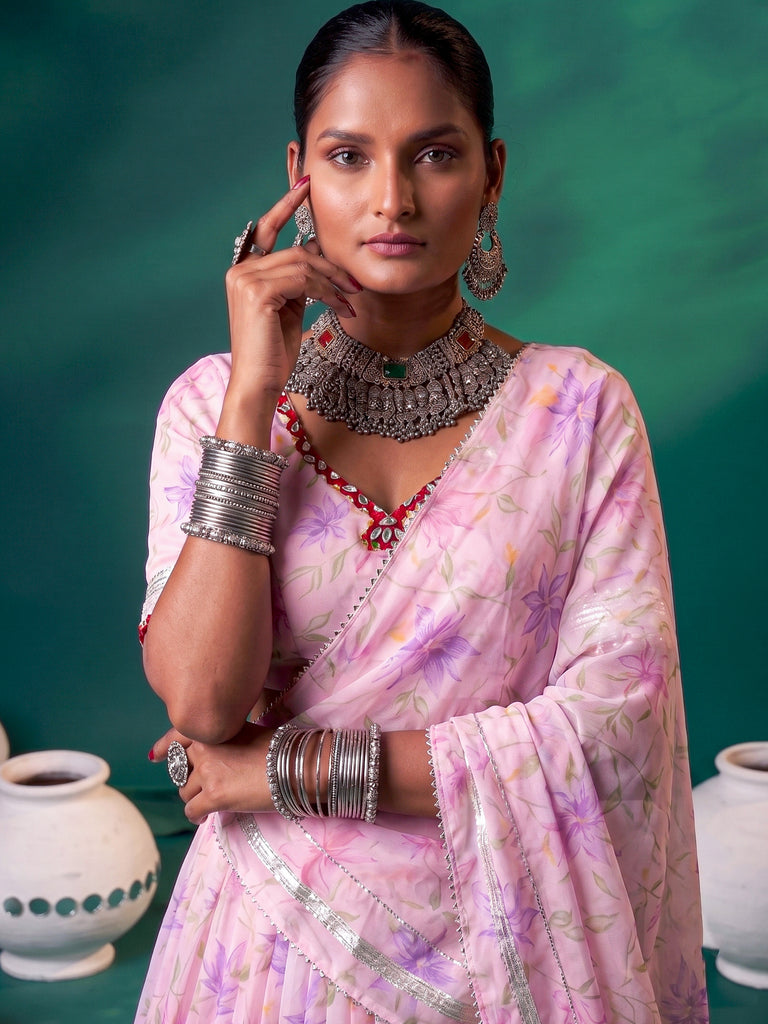 Artistic Pink Floral Printed Silk Wedding Wear Lehenga Choli With Dupatta