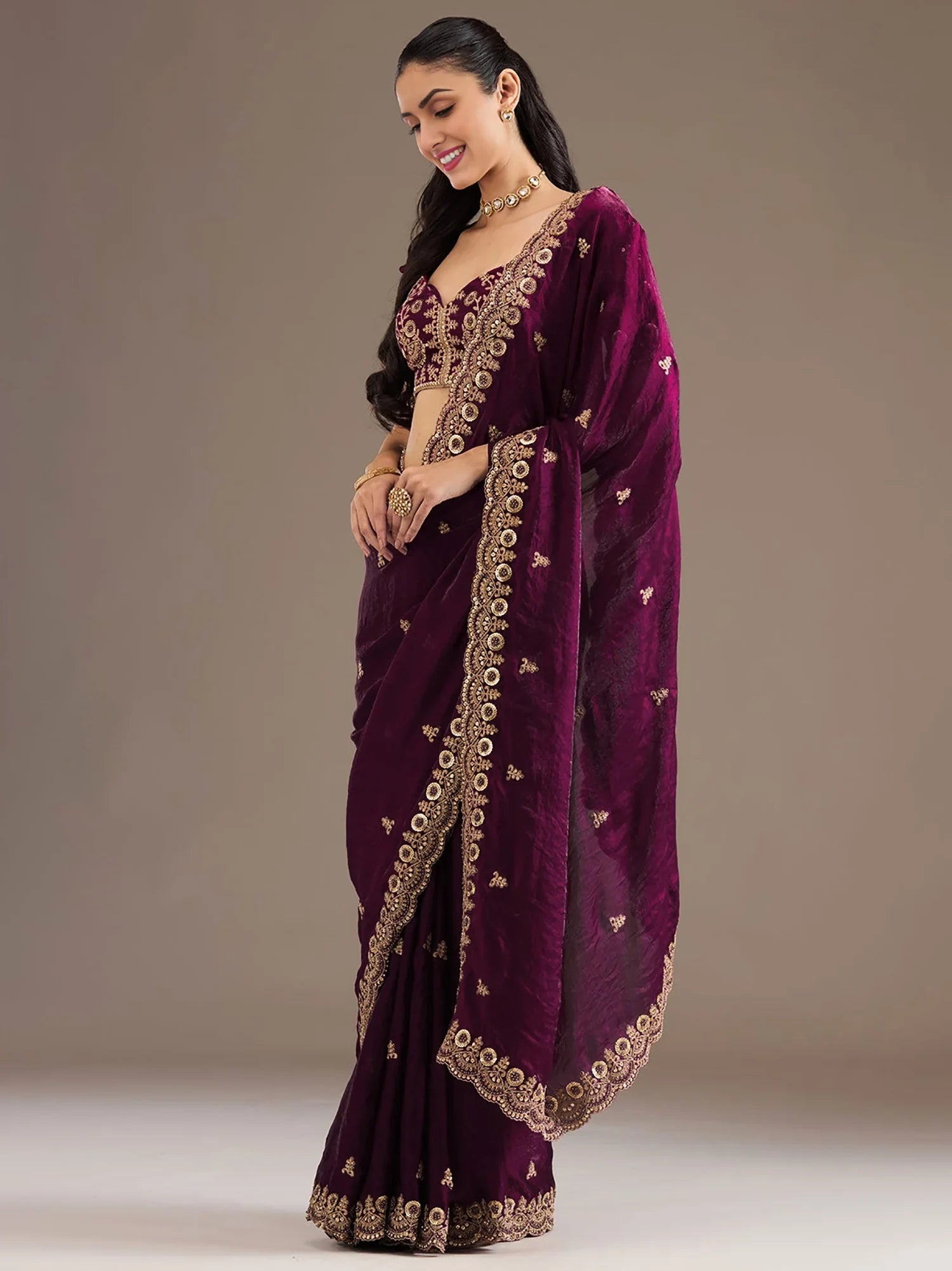 Stunning Wine Embroidered Silk Reception Wear Saree With Blouse