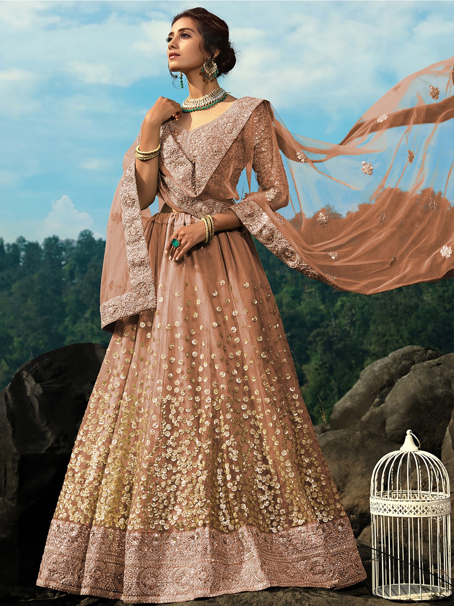 Fabulous Brown Sequins Net Wedding Wear Plus Size Lehenga Choli