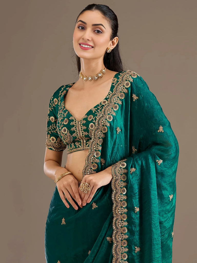 Charming Green Zari Embroidered Silk Reception Wear Saree With Blouse