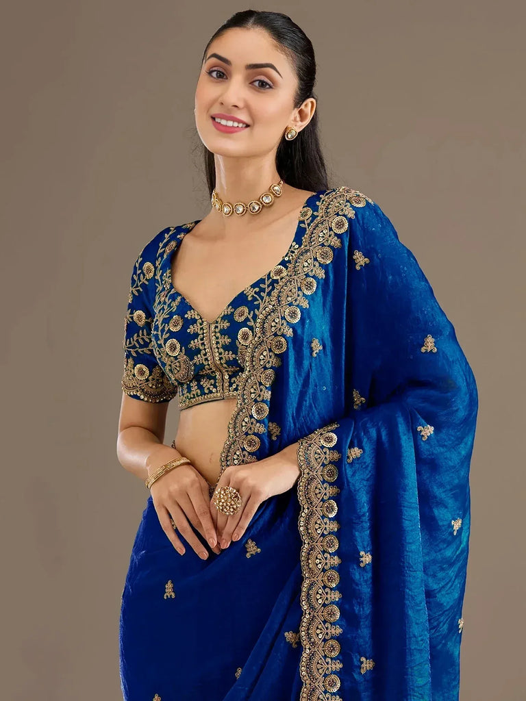 Dazzling Blue Embroidered Silk Festive Wear Saree With Blouse