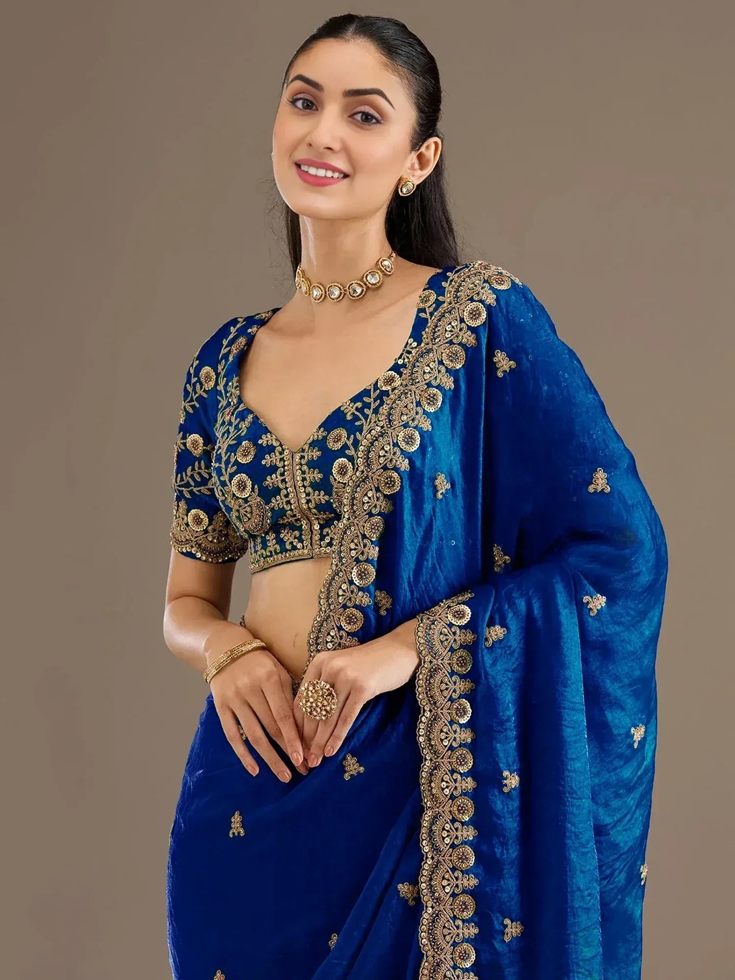 Dazzling Blue Embroidered Silk Festive Wear Saree With Blouse