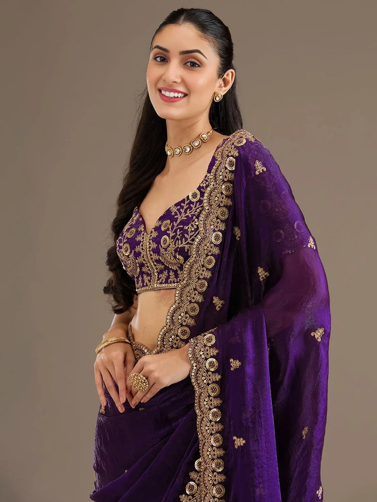 Beautiful Purple Zari Embroidered Silk Party Wear Saree With Blouse