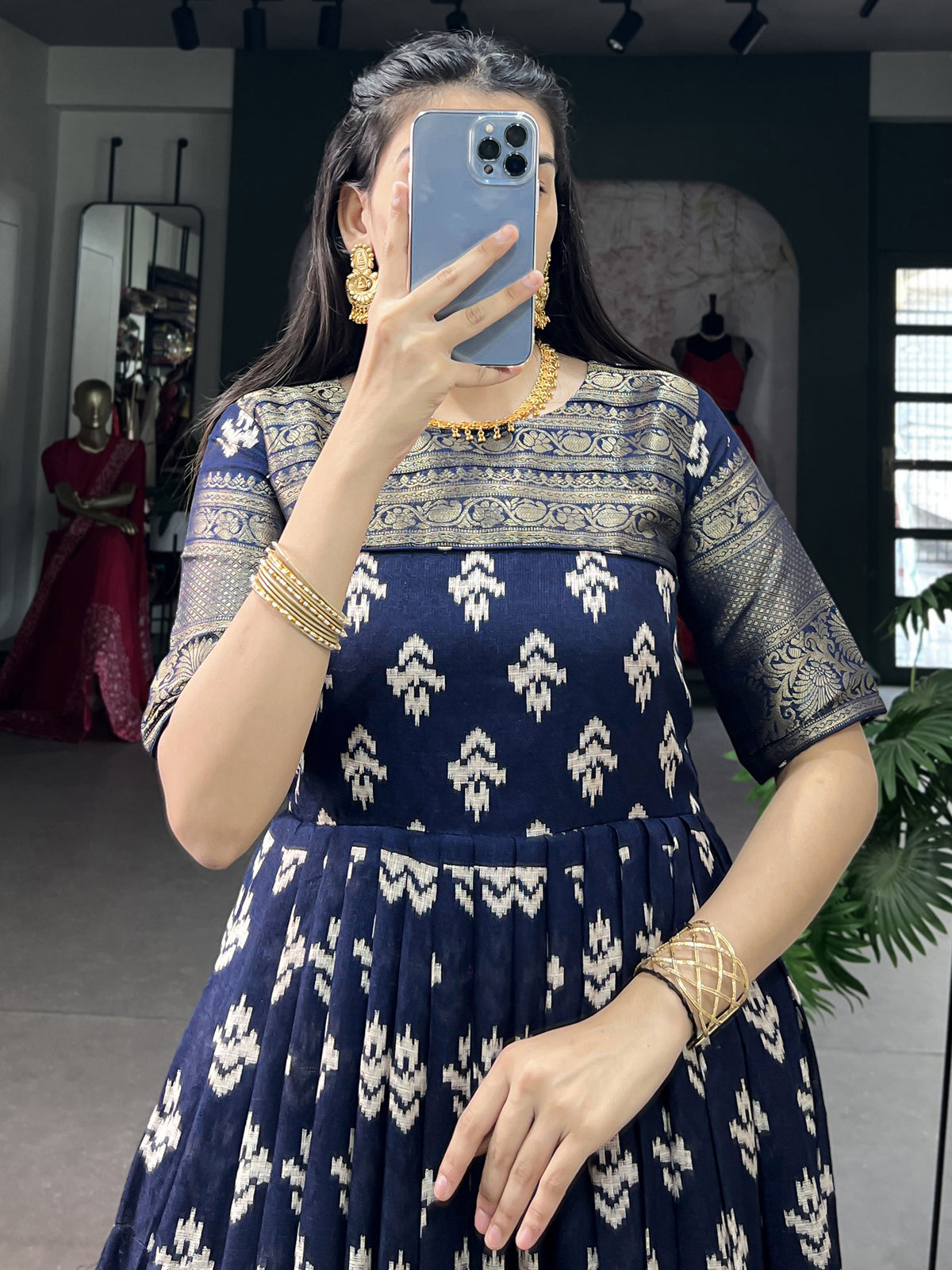 Enchanting Navy Blue Zari Weaving Cotton Festive Wear Gown