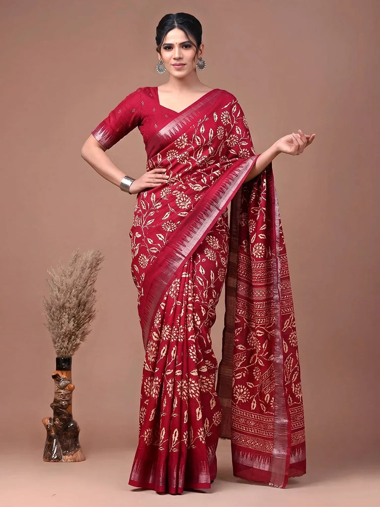 Lovable Red Zari Border Silk Festive Wear Saree With Blouse