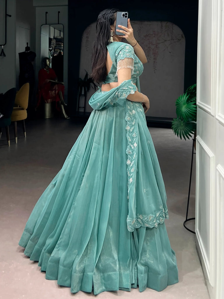Stunning Sea Green Bead Work Organza Mehendi Wear Lehenga With Blouse