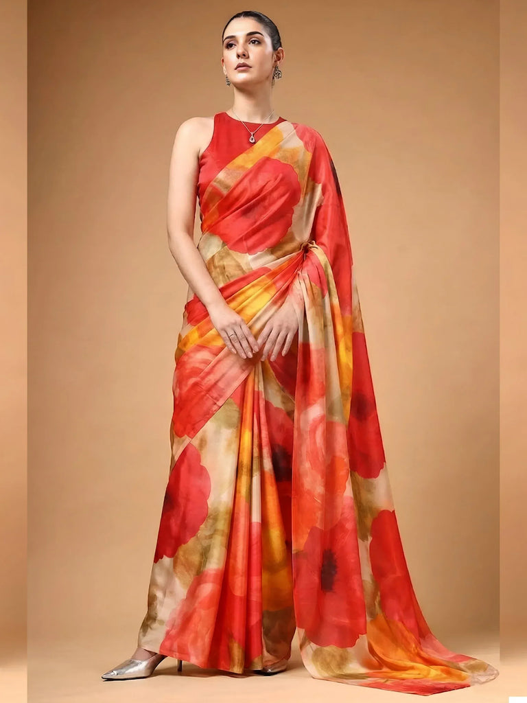 Captivating Multi Color Floral Printed Satin Event Wear Saree With Blouse