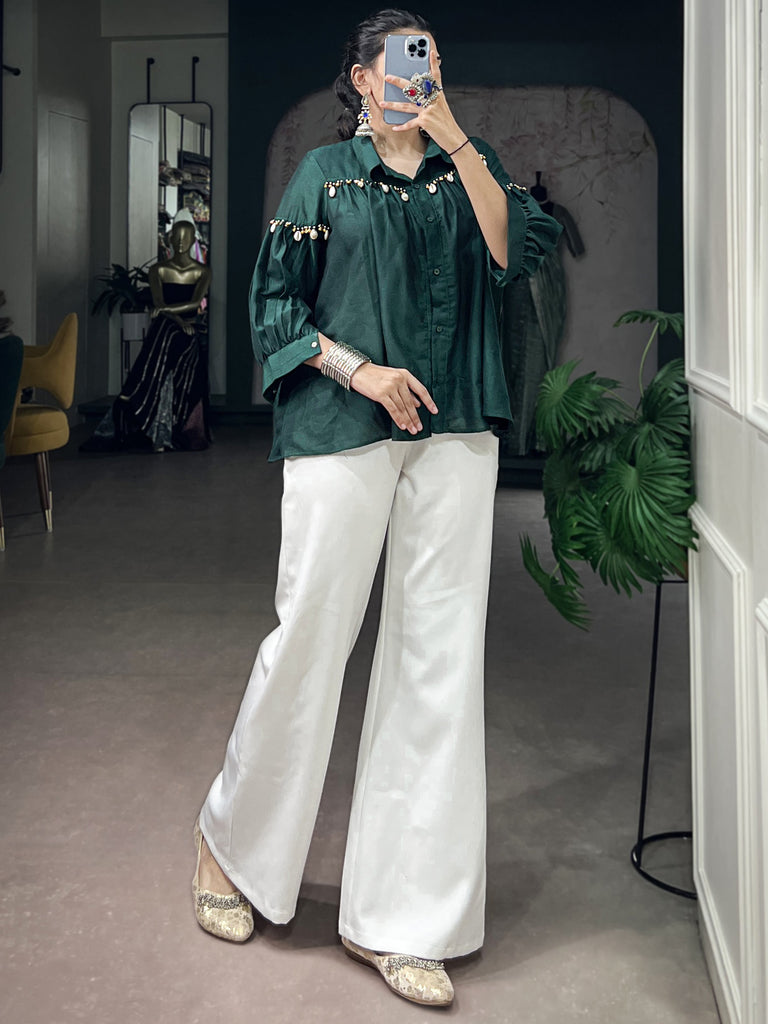 Fantastic Green Pearl Work Chinon Festive Special Shirt