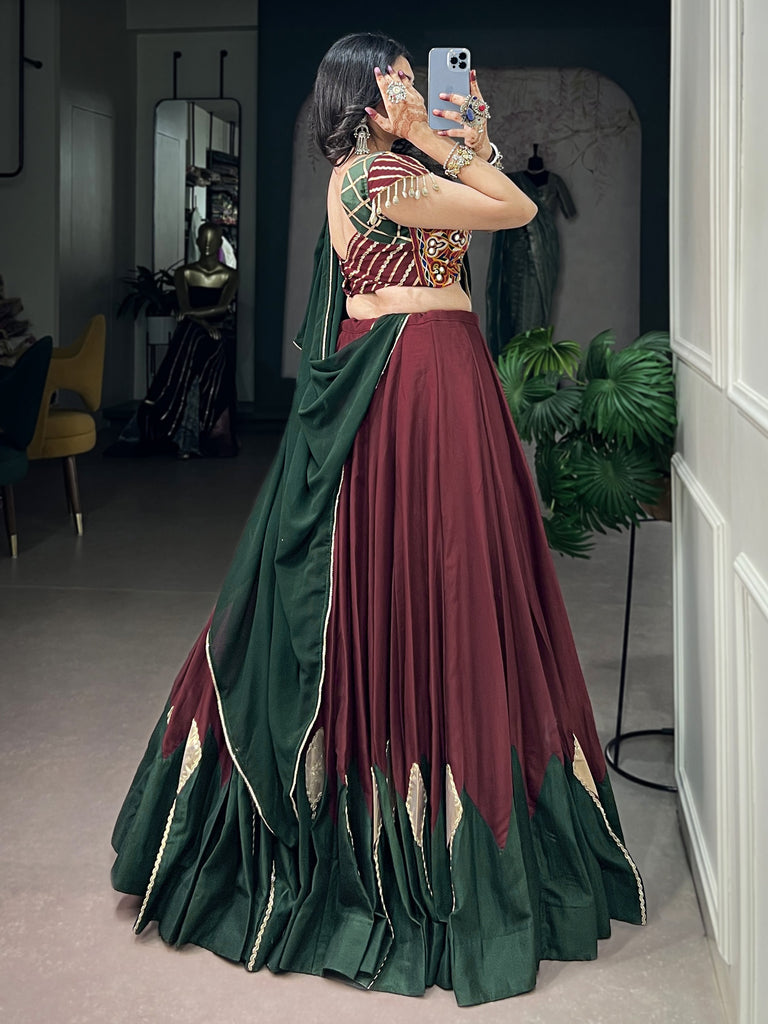 Royal Maroon Patch Work Chinon Navratri Wear Lehenga Choli With Dupatta