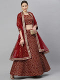Maroon & Golden Semi-Stitched Myntra Bridal Lehenga & Unstitched Blouse with Dupatta