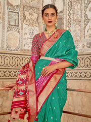 Awesome Green Cotton Patola Printed Traditional Saree With Blouse